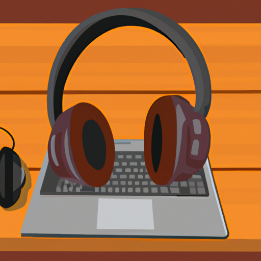 An illustration of a laptop with a headset on a wooden desk