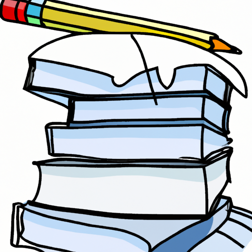 An illustration of a large stack of books with a pencil and paper on top