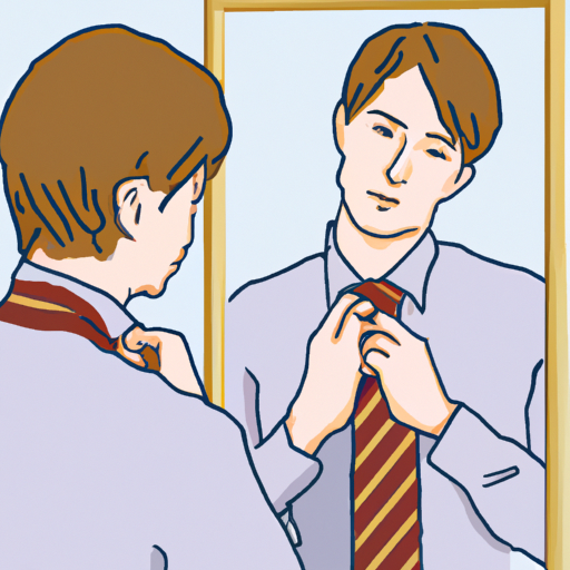 An illustration of a person looking in a mirror while adjusting a tie