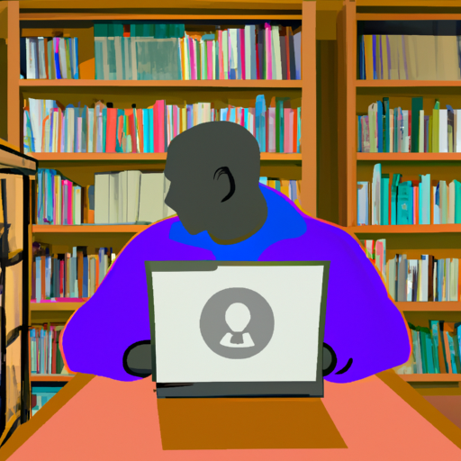 An illustration of a person researching on a laptop in a library