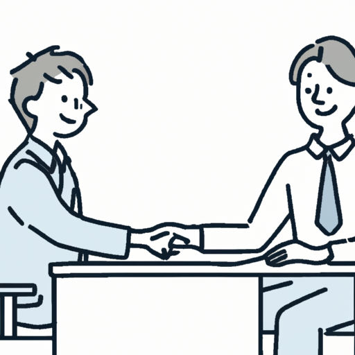 An illustration of a person smiling brightly while shaking hands with an interviewer