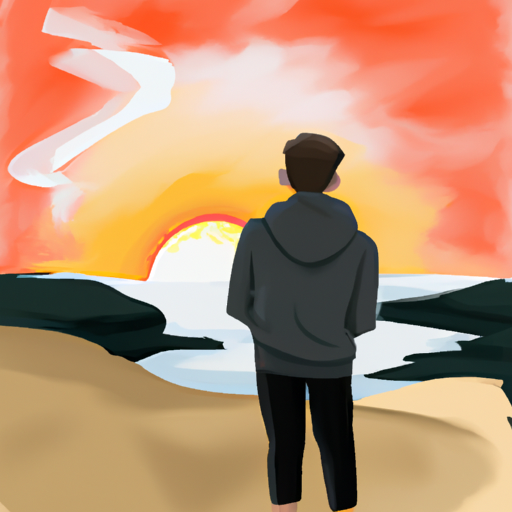 An illustration of a person standing on a beach and watching the sun rise