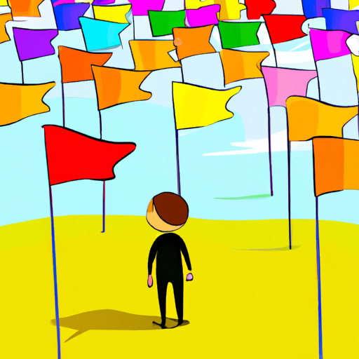 An illustration of a person standing in a field of colorful flags