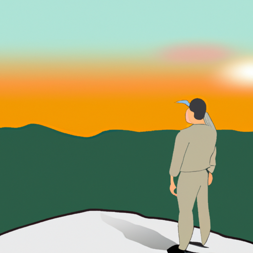 An illustration of a person standing on top of a mountain looking out at the horizon