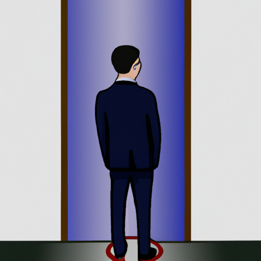 An illustration of a person in a suit standing confidently in front of a door