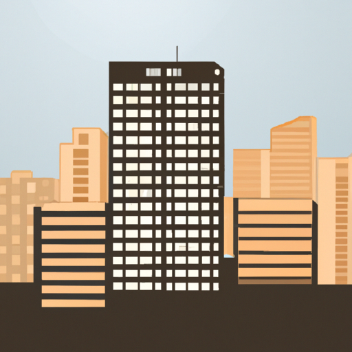 An illustration of a skyline with a modern apartment building in the foreground