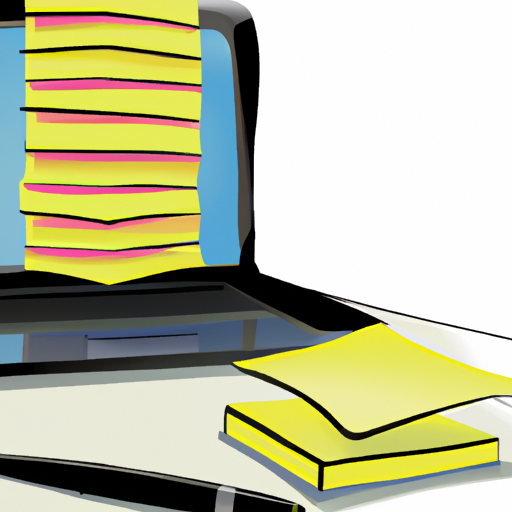 An illustration of a stack of postit notes with a pen and laptop in the background