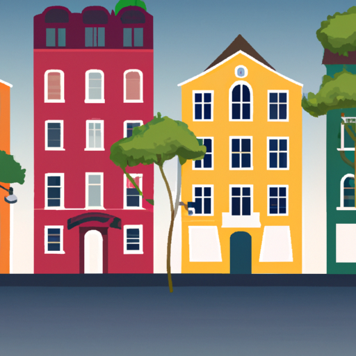 An illustration of a street with colorful buildings