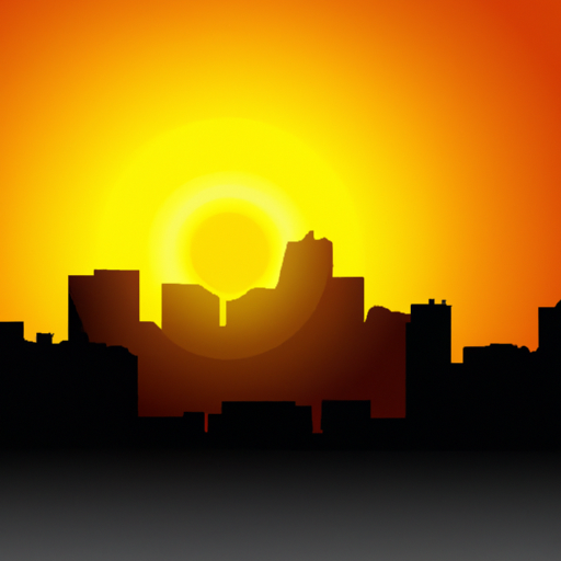 An illustration of a sunrise against a city skyline