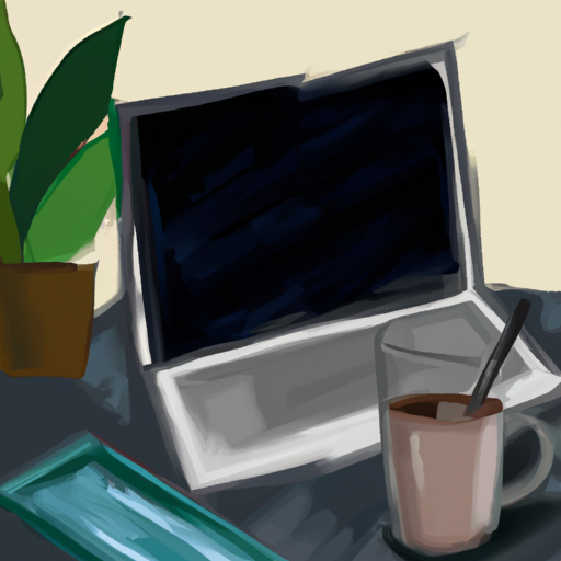 A painting of a desk with a laptop and a cup of coffee with a green plant in the background