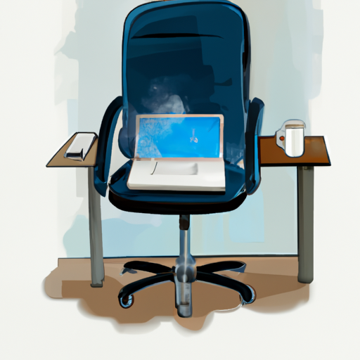 A painting of a office chair in front of a desk with a laptop and a cup of coffee