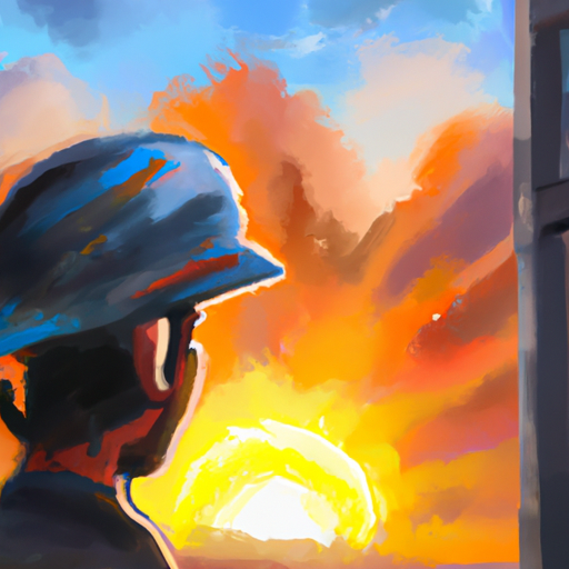 A painting of a person in a hardhat looking up at a sunrise