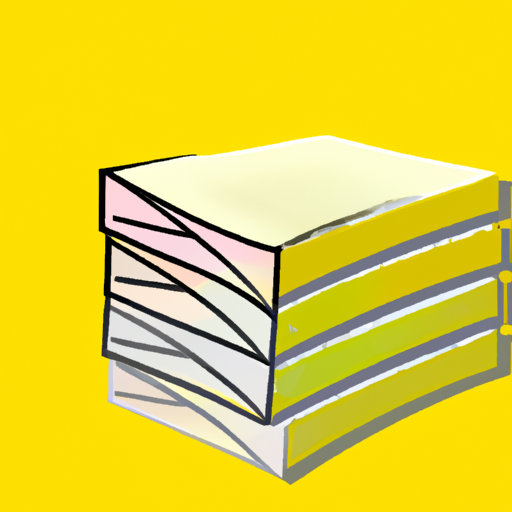 A painting of a stack of paper with a yellow background