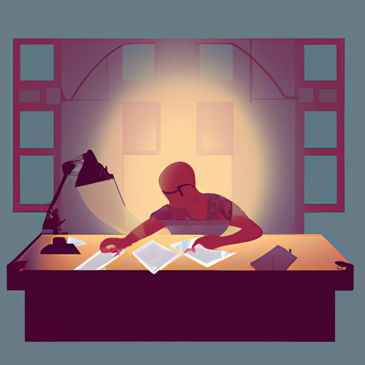 a person doing paperwork on a desk with a overhead light above them illuminating their surrondings with Cinematic colors in the style of an Illustration