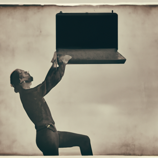 A person holding a laptop in the air  in the style of Daguerrotype very early film stock 1800s vintage