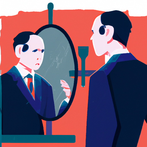 a person in a suit looking at a mirror with Cinematic colors in the style of an Illustration