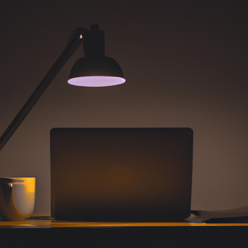 A photo of a desk with a laptop and a cup of coffee lit up by a warm lamp