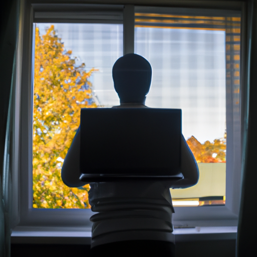 a photo of a person looking out a window with a laptop in their hands