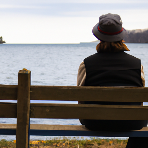 a photo of a person sitting on a bench looking out at a lake