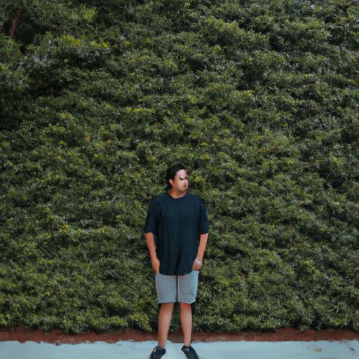 a photo of a person standing in front of a wall of plants