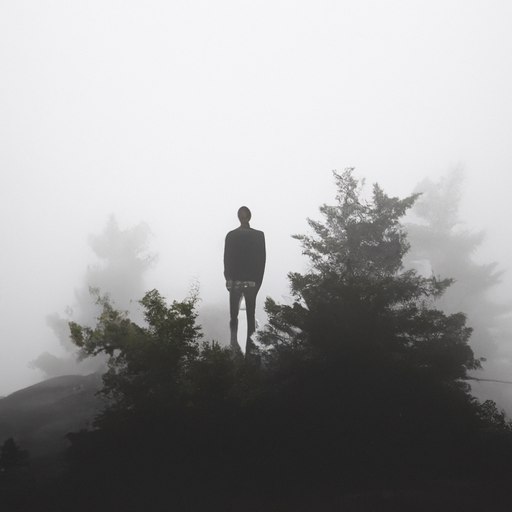 A photo of a person standing on a hilltop surrounded by trees in the fog