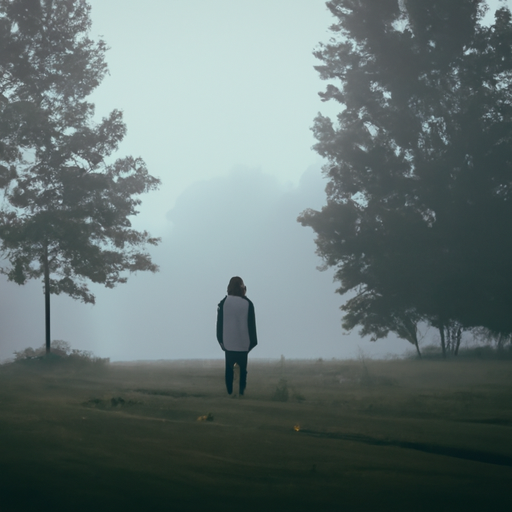 A photo of a person standing in a meadow surrounded by trees in the morning fog