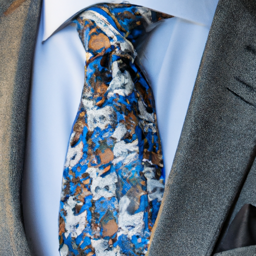 A photo of a man wearing a grey suit with a blue dress shirt and a patterned tie