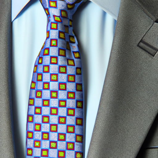 A photo of a man wearing a grey suit with a blue dress shirt and a patterned tie