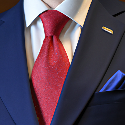 A photo of a man wearing a navy blue suit with a white shirt and a red tie