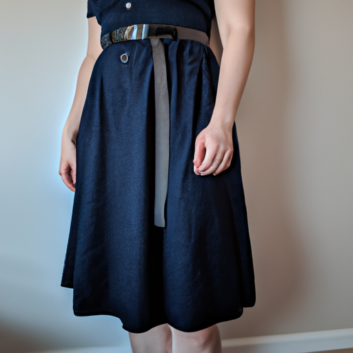 A photo of a woman wearing a navy blue dress with a black belt and black shoes