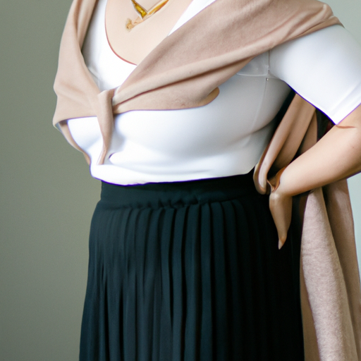 A photo of a woman wearing a white blouse and a black skirt with a beige cardigan draped over her shoulders