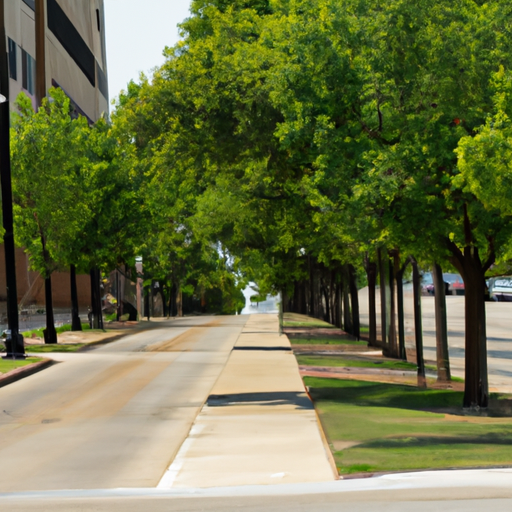 A photograph of a city street lined with trees