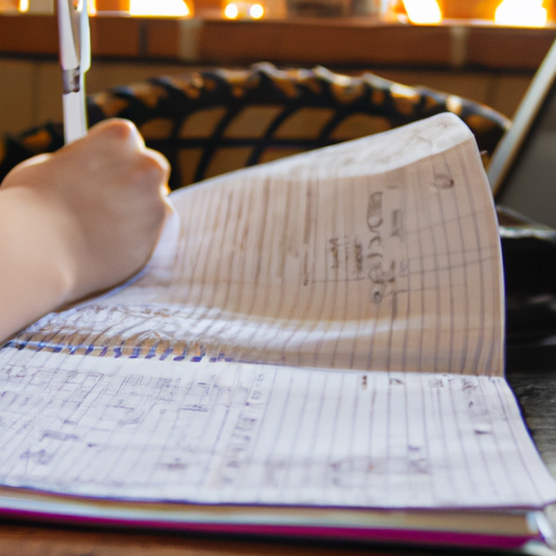 A photograph of a person with a laptop looking through notes