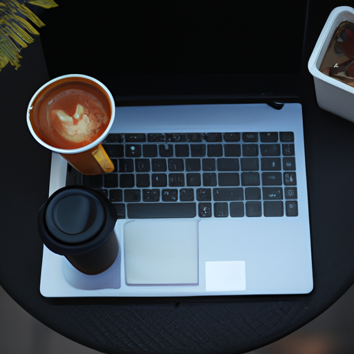 A picture of a workplace desk with a laptop and coffee