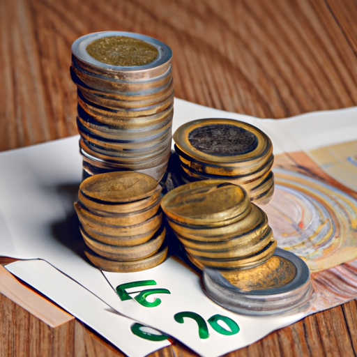 A stack of coins and paper money on a wooden table