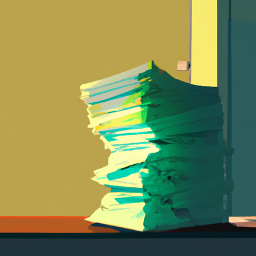 a stack of documents on a desk with Cinematic colors in the style of an Illustration