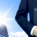 A person in a corporate outfit, holding a portfolio, standing in front of a corporate building symbolizing an interview location